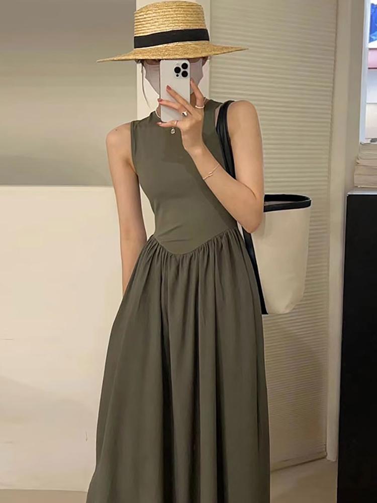 

Casual Dresses Korean Chic Summer Elegant Round Neck Slim Fit Stitching Large Swing Sleeveless Vest Dress Long Skirt Women ClothingCasual Ca, Black