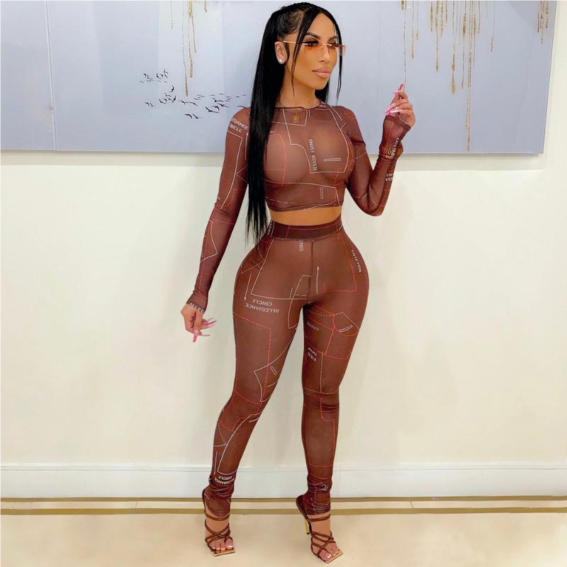 

Women' Two Piece Pants Blue/brown/rose Red Mesh See Through Matching Sets Sexy Long Sleeve Crop Top And Slim Sheath Legging Party Club Suit