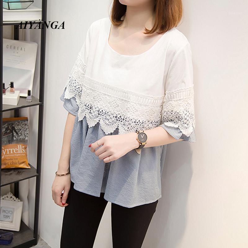 

Women's Blouses & Shirts Women 2022 Fashion Summer Half Sleeve O-neck Ladies Cotton Lace Stitching Blouse Shirt Loose Casual Tops Plus Size, Blue