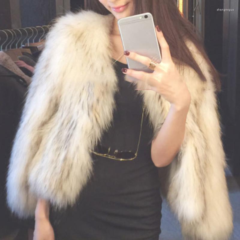 

Women's Fur & Faux Lady Coat Overcoat 2022 Winter Raccoon Woven Imitation Women Short Fashion Oversize Slim Warm Jacket Young Top Autumn, White