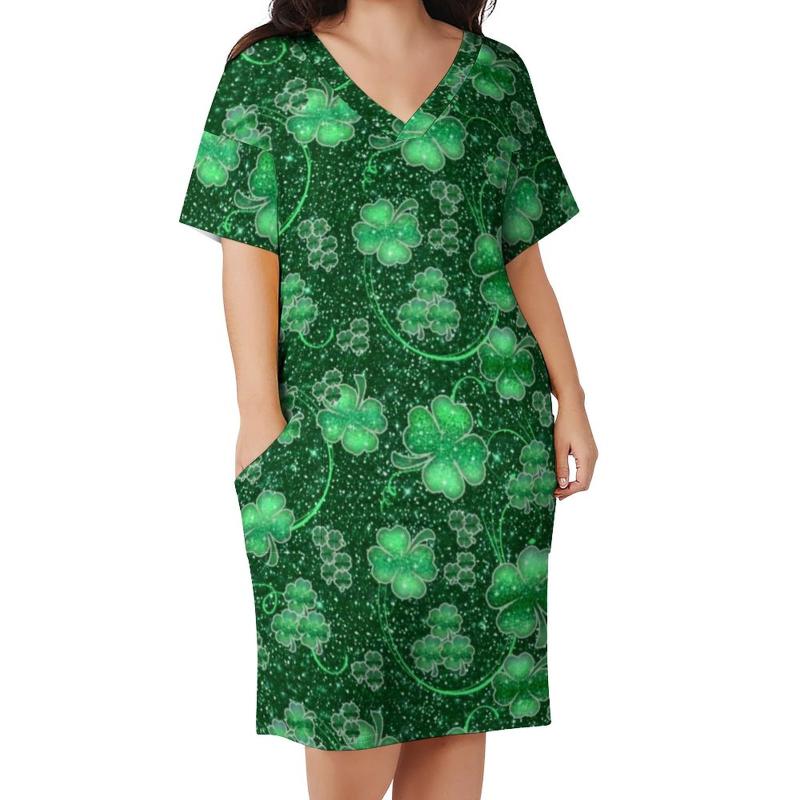 

Plus Size Dresses Glittering Shamrocks Dress Happy St Patricks Day Aesthetic Casual Women Holiday V Neck Stylish Gift IdeaPlus, Style-14
