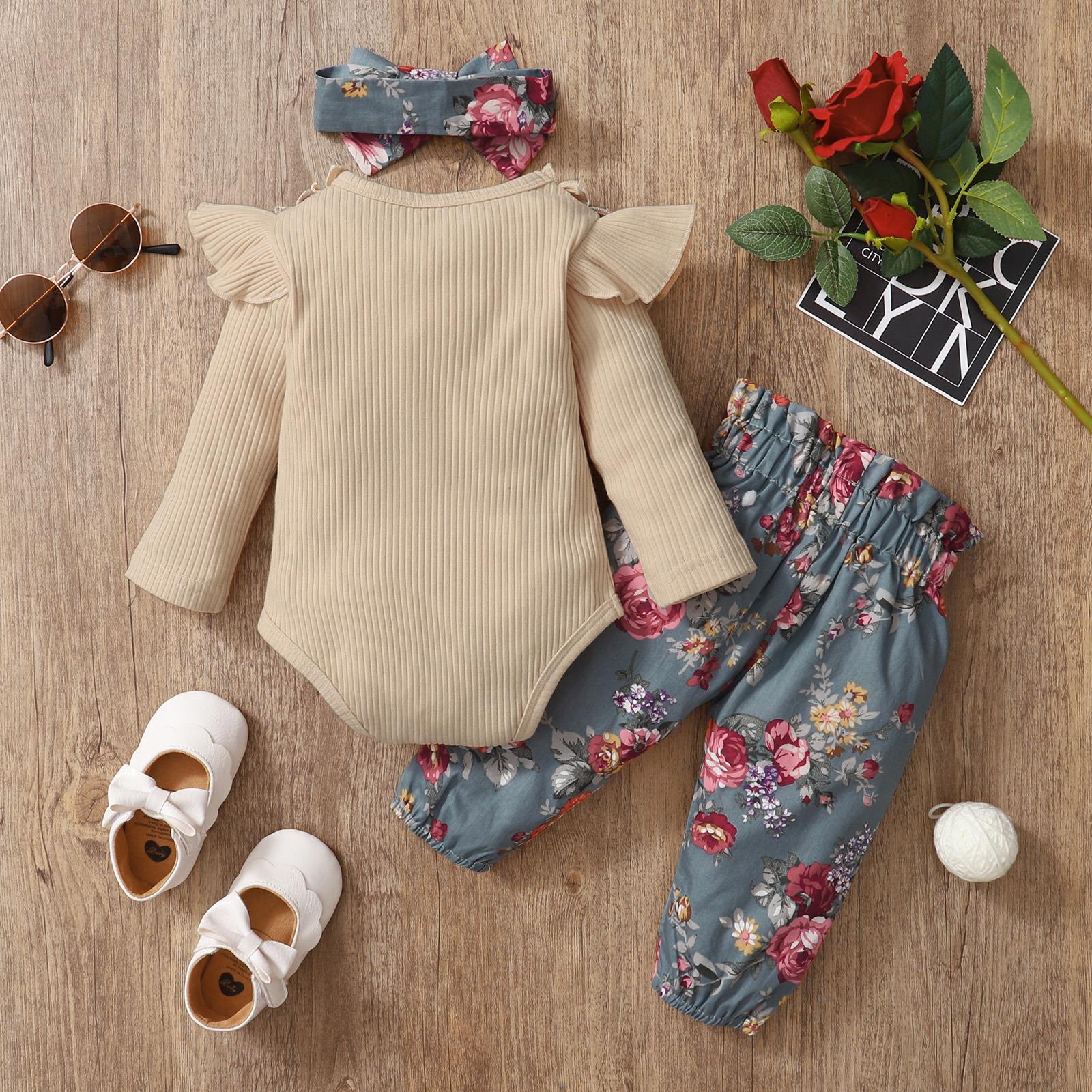 

3pcs Newborn Girl Clothes Set 3 Months Baby Toddler Outfits Bodysuit Bow Pants Infant Kids Clothing, Auburn
