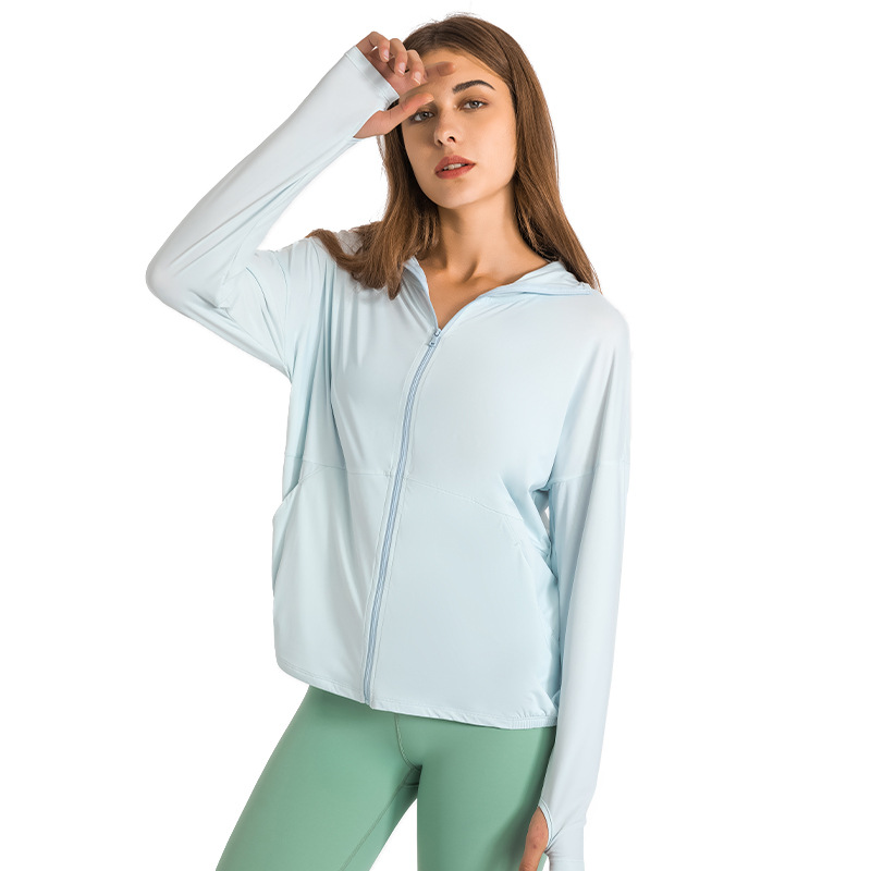 

185 Ice Silk Ultra-Thin Yoga Coat Outdoor Sun Protection Clothing Women Hoodie UPF Rash Guards, Open sky blue