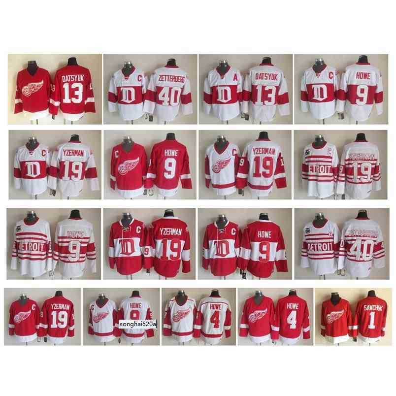 

95 Vintage Detroit Red Wings Jersey 1 Terry Sawchuk 9 Gordie Howe 13 Pavel Datsyuk 19 Steve Yzerman 40 Henrik Zetterberg Retro CCM Hockey, As pic