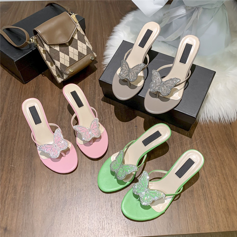 

Fashion blumarine Italy butterfly rhinestones embellished thong sandals high heels luxury slippers women shoes green khaki pink designer party slides with box, 01 green