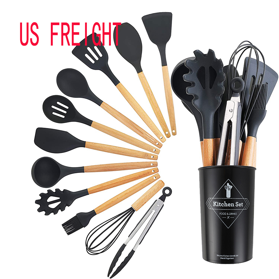 

Silicone Kitchen Utensil Set 11 Pieces Cooking with Wooden Handles Holder for Nonstick Cookware Spoon Soup Ladle Slotted Turner Whisk Tongs Brush Pasta Server