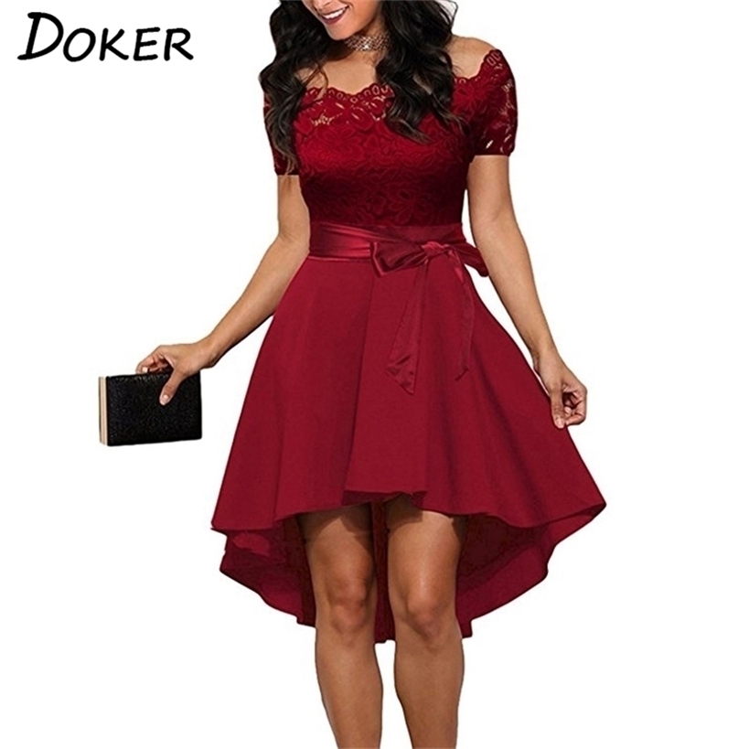 

Elegant Red Lace Dres Patchwork Slash Neck Short Sleeve Sashes Tunic Summer Ladies Sexy Evening Party es 220321, Black