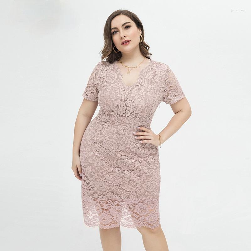 

Plus Size Dresses 2022 Elegant Dress Women Lace Hollow Out Party Solid Hip Short Sleeve Office Lady Jona22, Pk