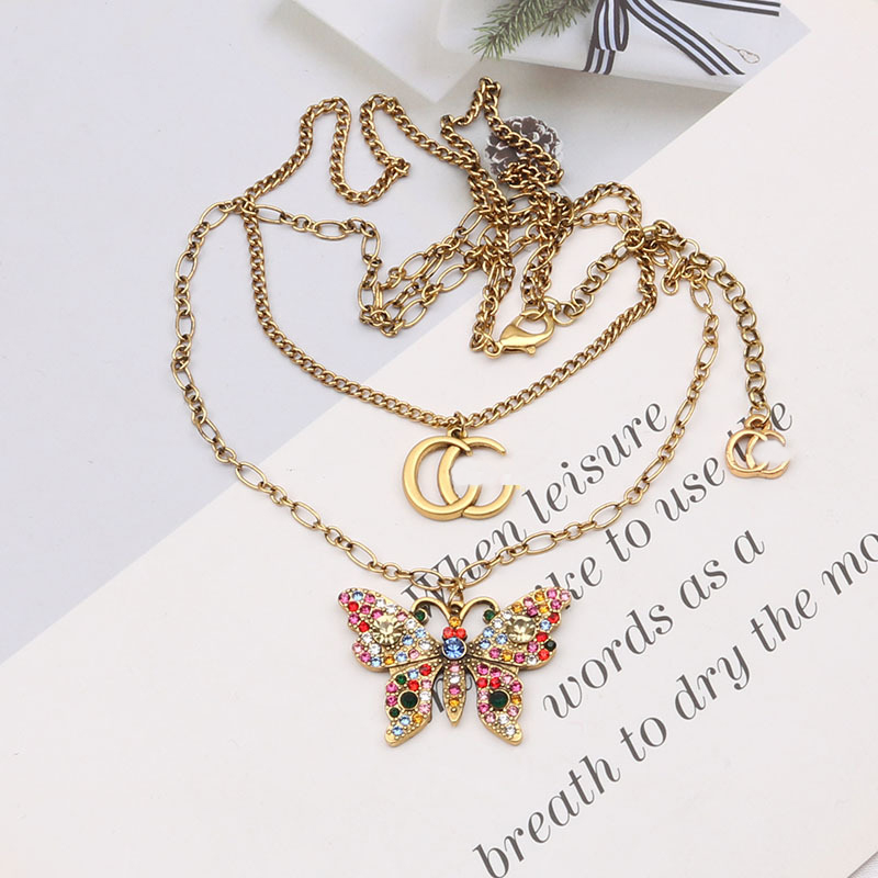 

Luxury Designer Letter Pendant Necklaces Chain 18K Gold Plated Butterfly Crysatl Rhinestone Brand Double Necklace for Women Wedding Party Jewerlry Accessories