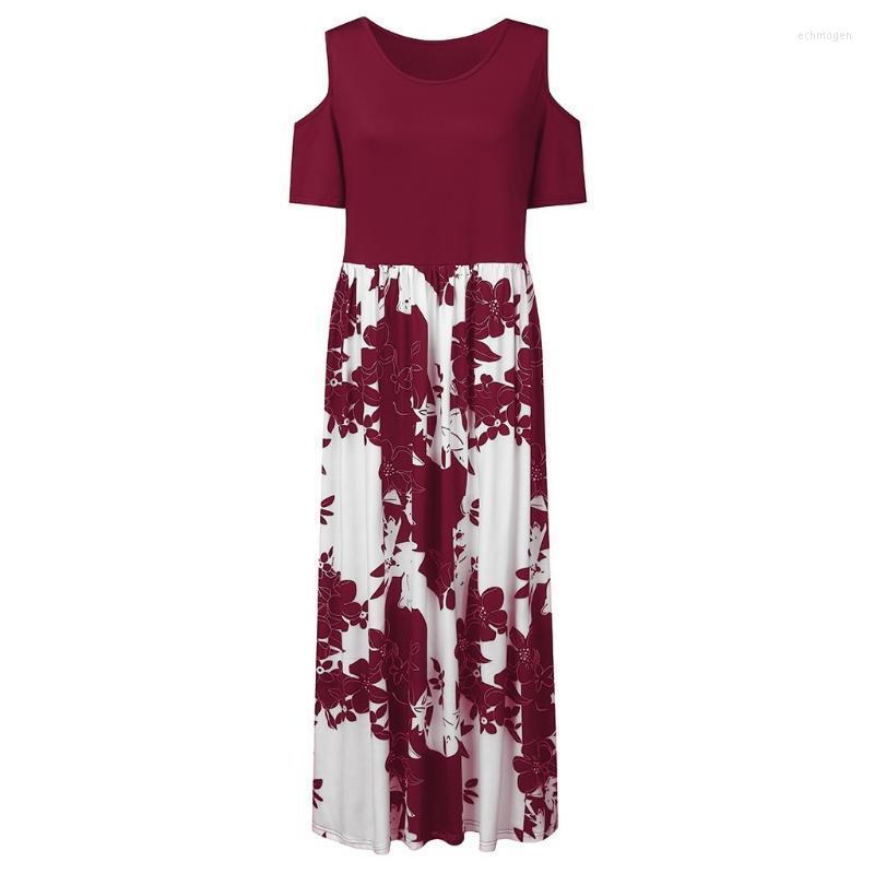 

Plus Size Dresses Women Summer Dress Casual O-Neck Print Stitching Off-Shoulder Short Sleeve Floral Party Vestidos Echm22, Navy blue