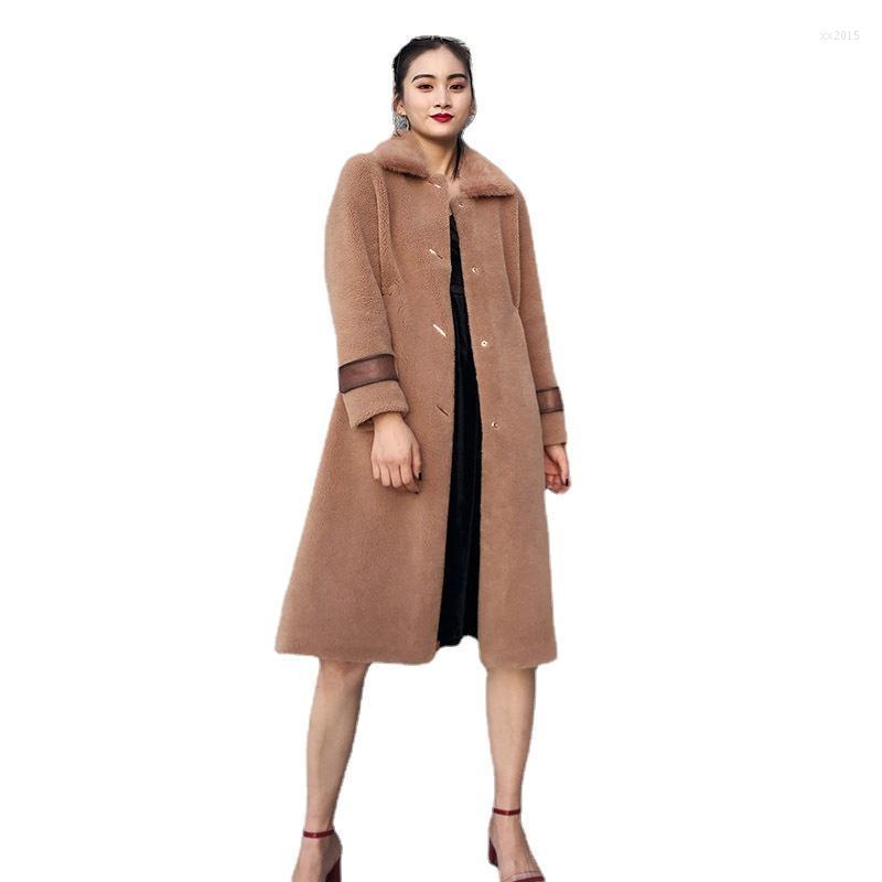 

Women' Fur & Faux Shearing Coat Wool And One-piece Granular Fleece Female Mid-length Korean Fashion Mink Collar Real Single Breasted, Khaki