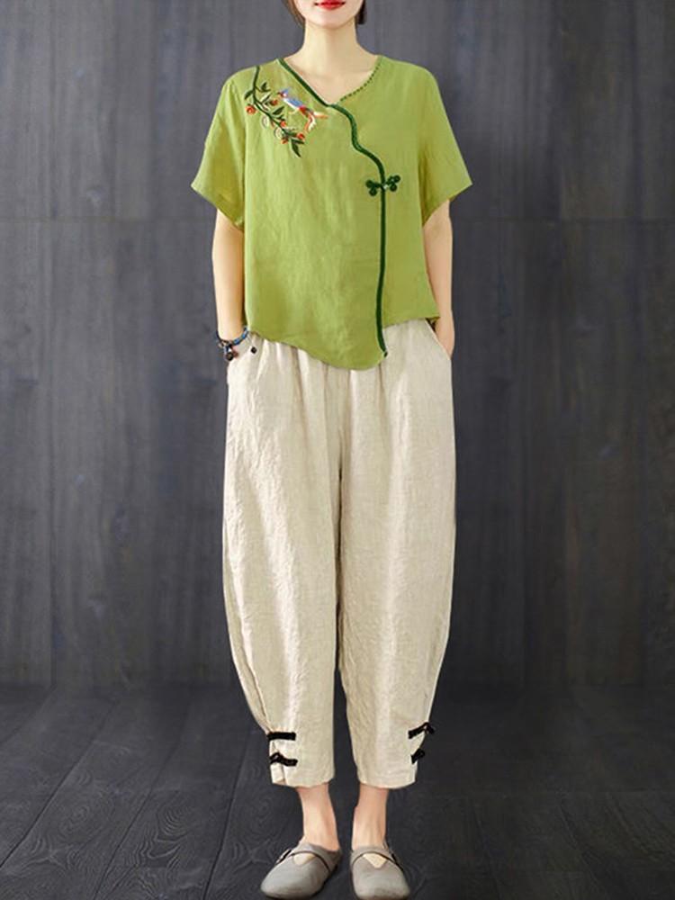 

Women's Two Piece Pants Women Casual Suits 2022 Summer Vintage Floral Embroidery Cotton Linen Female Tops And Ankle-length D250Women's
