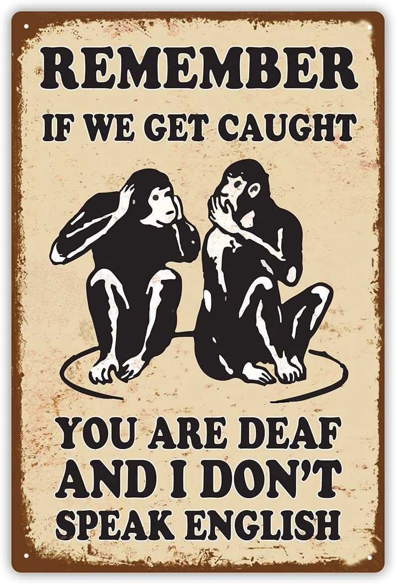 

Funny Retro Style Metal Sign, If We Get Caught You are Deaf and I Don't Speak English, Novelty Home Decor, 8x12 Inches