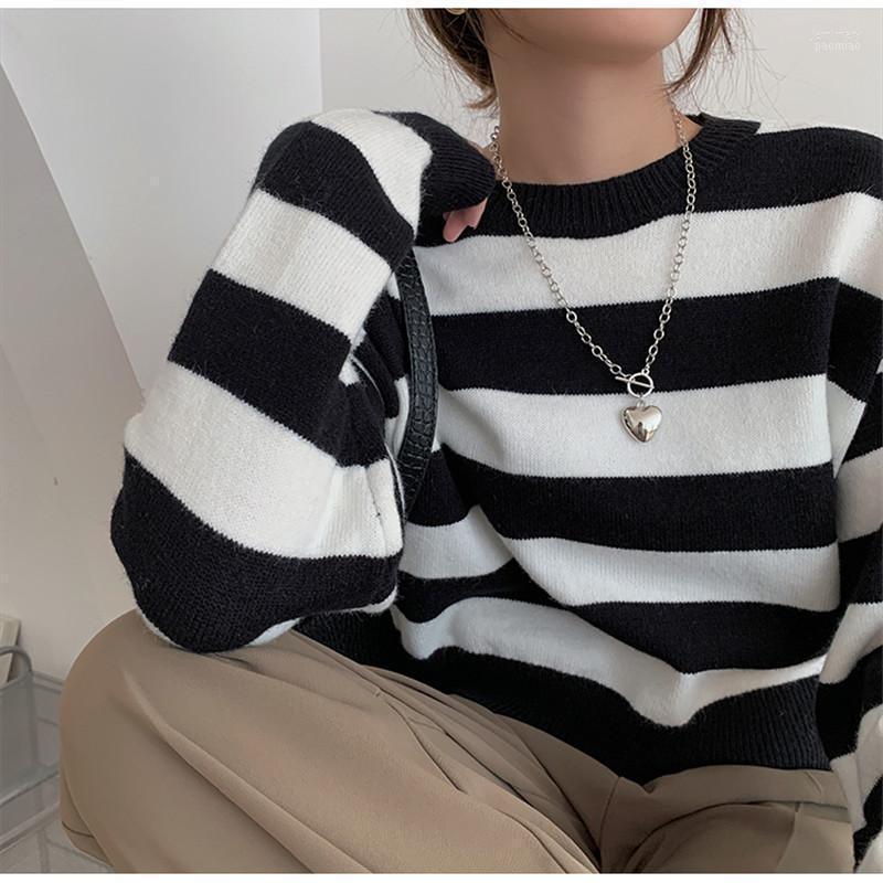 

Women's Sweaters 2022 Autumn Women Female Knitted Pullover Short Tops Striped Contrast O-neck Loose Elegant Office Lady Casual All Match Jem, Black