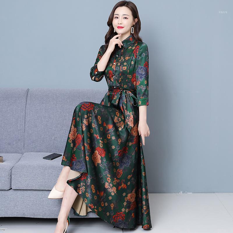 

Plus Size Three Quarter Sleeve Women Long Dress Print Dresses Purple Green 3017 Casual