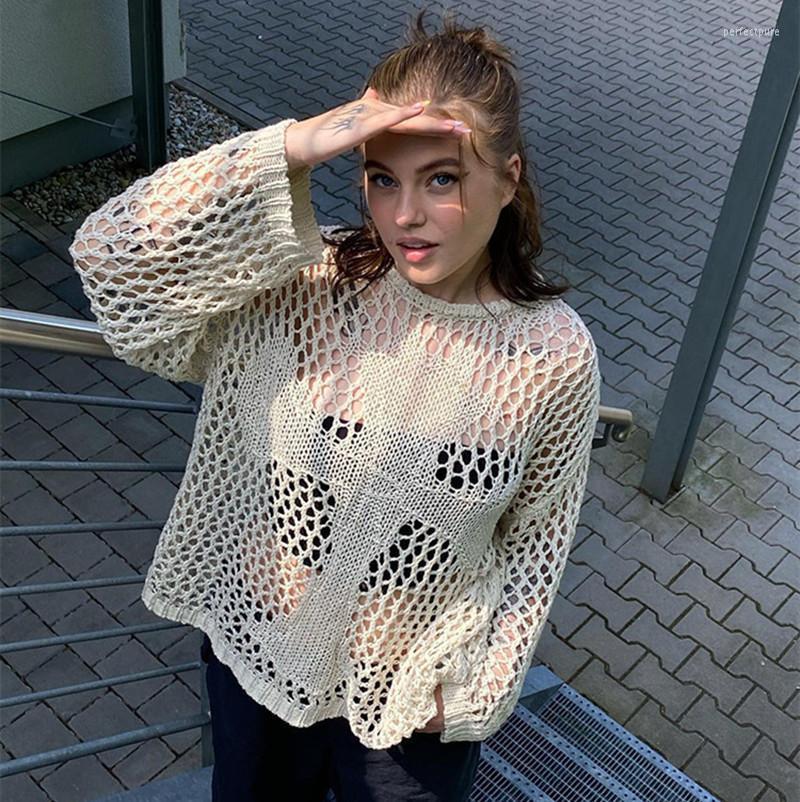 

Women' Sweaters 90s Summer Oversize Hollow Out Long Sleeve Y2K Knitted Girl Fashion Sexy Top Vintage Retro Smock Sweater ShirtsWomen' Perf, White