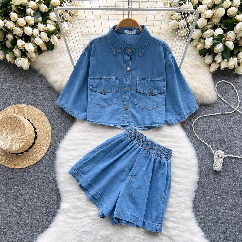 

Women's Tracksuits Women Summer Denim 2 Piece Set Flare Short Sleeve Pockets Blouse Shirt Tops And Loose Wide Leg Jeans Streetwear Two Suits, Blue set