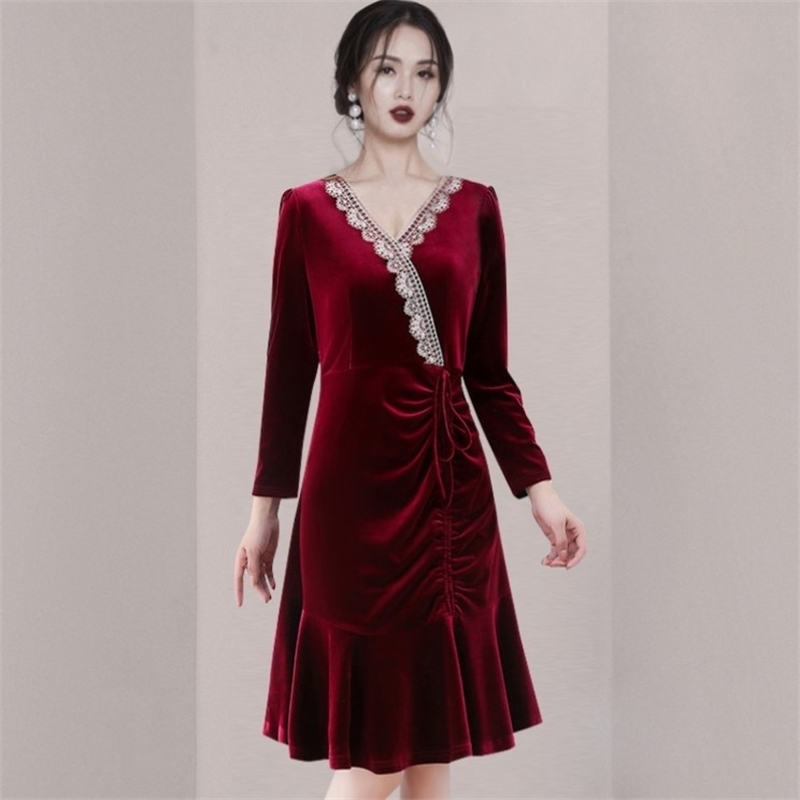 

Spring Autumn Vintage Drawstring Lace Patchwork Velvet Bodycon Women Elegant Sexy VNeck Slim RufflesParty Dresses Female 210526, Picture color