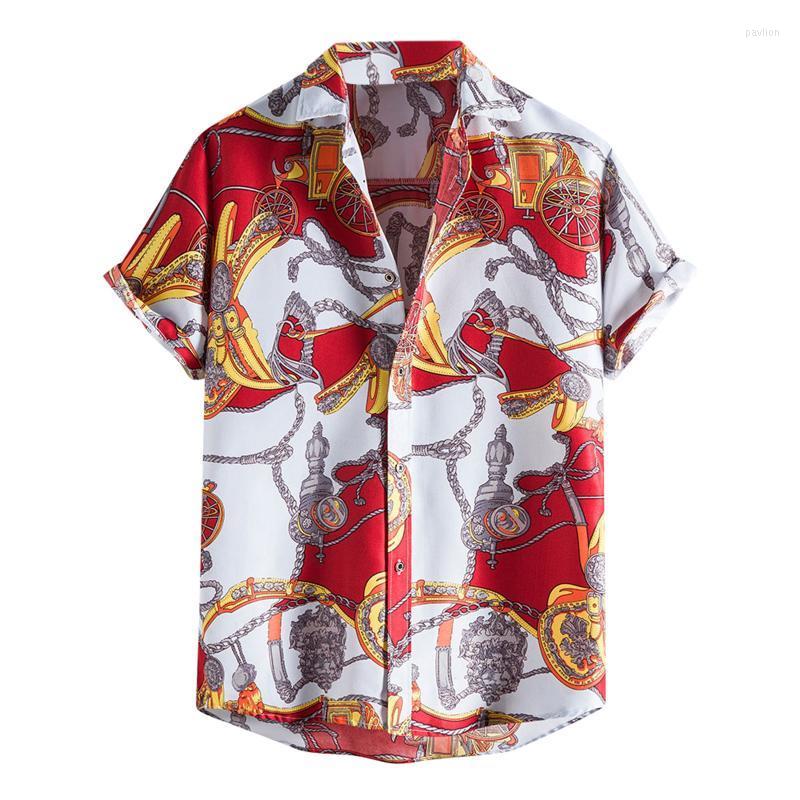 

Men' Casual Shirts 2022 Short Sleeve Shirt Men Summer Loose Baggy Hawaii Holiday Beach Tee Tops Buttons Blouse National Style, Red