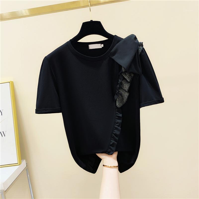 

Women' T-Shirt Wooden Ear Bow Stitching Short Sleeve Cotton 2022 Summer Korean Loose Tops Harajuku, Black