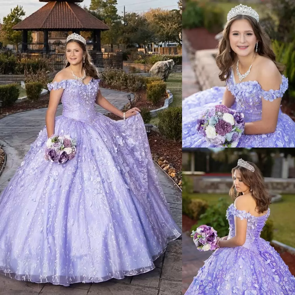 

Lavender Quinceanera Dresses 2022 Sleeveless Off the Shoulder Handmade Flowers Straps Lace Applique Prom Ball Gown Custom Made Vestidos Formal Evening Wear, Champagne