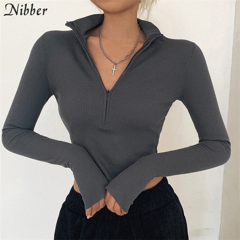 

NIBBER solid color casual Tshirt women long sleeves turtleneck crop tops sexy simple style party club spring summer new Y200412, Gray
