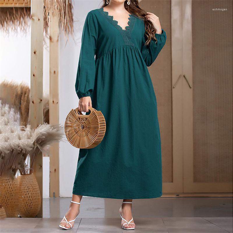 

Plus Size Dresses 2022 Autumn Women Lace V Neck Long Sleeve Casual Dress Green High Waist Maxi Clothing Echm22, Blue