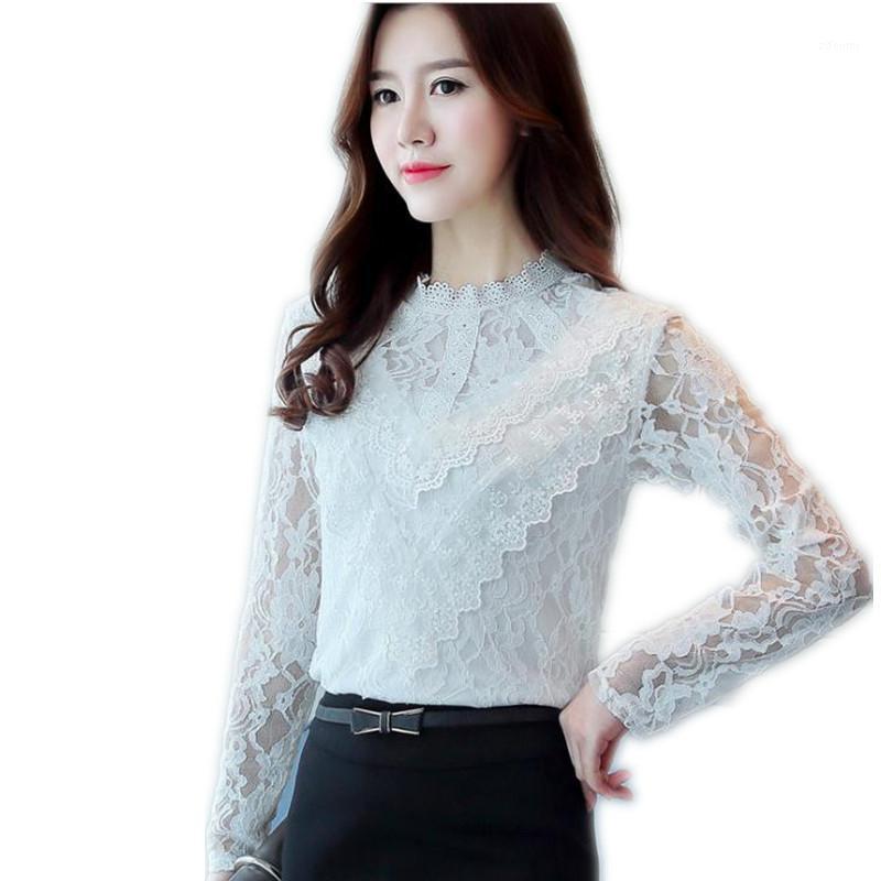 

Women' Blouses & Shirts Spring Summer Women Lace Short 2022 Hollow Out Stand-Collar Female Long Sleeve Sweet White BlousesQ288