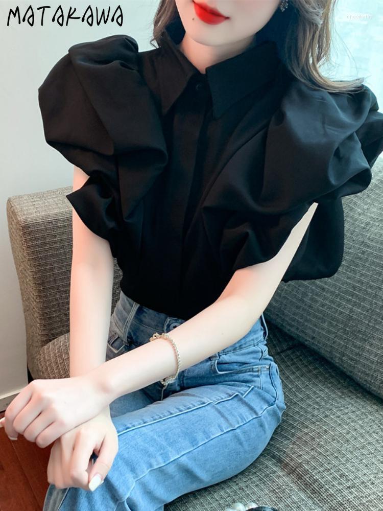 

Women' Blouses & Shirts Matakawa Puff Sleeve Women Solid Single Breasted Summer Vintage Korean Blusas Mujer Fashion Loose Female TopsWomen, White