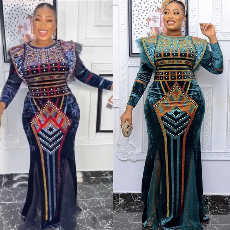 Hiver femmes Bazin riche africain ethnique imprimé robe automne velours mode exotique fête Maxi robes pour 220521