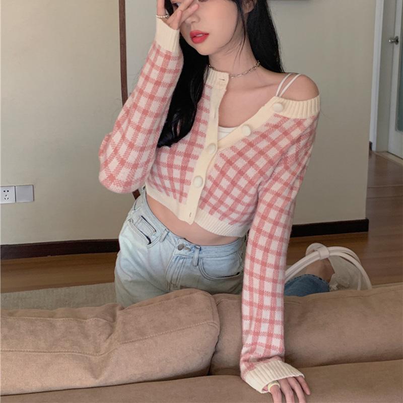 

Women's Knits & Tees Autumn Spring Cardigan Sweaters Women Knit Crop Tops Casual Long Sleeve Button Down Plaid Print Slim Fit Female Ladies, White