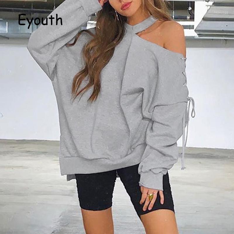 

Casual Sexy Gray Hoodie Solid Color Strapless Cross Webbing Pullover Fashionable Loose Top Autumn And Winter Ladies Clothes Women's Hoodies