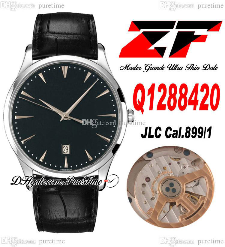 

ZF Master Grande Ultra Thin Date Q1288420 A899/1 Automatic Mens Watch Steel Case Black Dial Stick Markers Leather Strap Super Edition Puretime B2, 4d05a