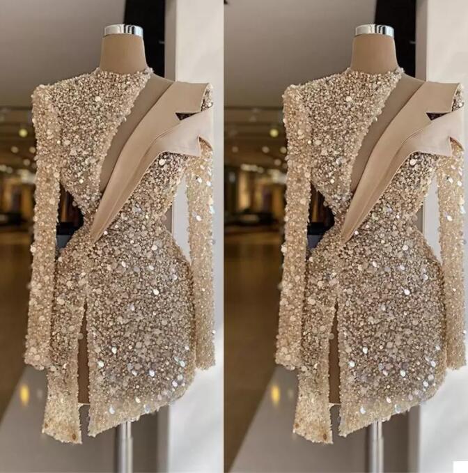 

Luxury Sequins Beads Prom Dress High Neck Long Sleeves Formal Party Gowns Custom Made Knee Length Robe de mariee 2023 Champagne Evening Dresses GC1222, White