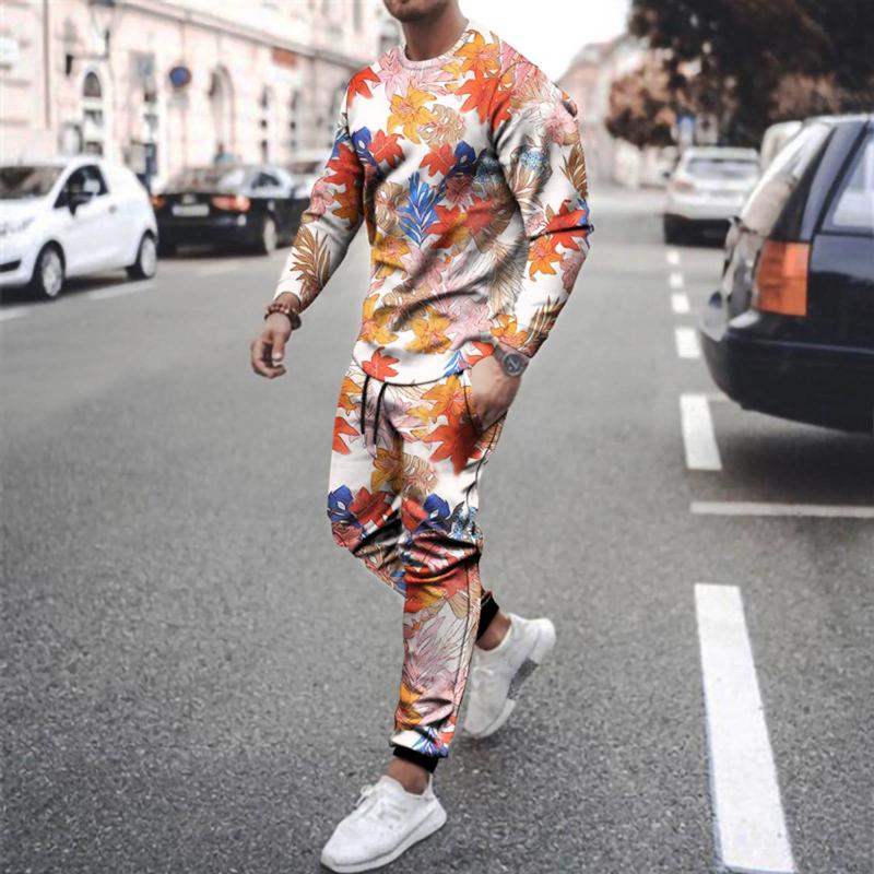 

Men's Tracksuits Printed Men Sets Long Sleeve O-neck Pullover Moletom Drawstring Pockets Pants 2 Piece Masculino, Orange