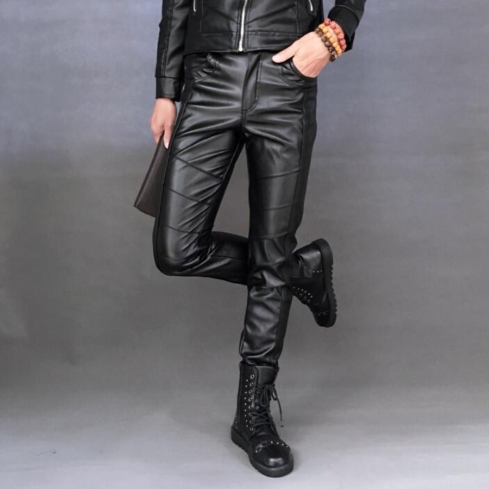 

Men's Pants Autumn Winter Personality Fashion Plus Velvet Motorcycle Faux Leather Mens Feet Pu Trousers For Men Pantalon HommeMen's