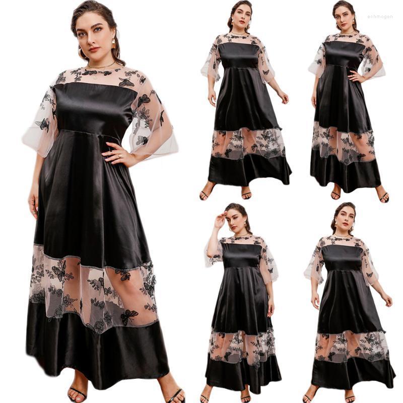 

Plus Size Dresses Women Butterfly Embroidery Organdy Long Dress Vintage Lace Mesh Patchwork Fashion Party Wedding Maxi Luxury Echm22, Black