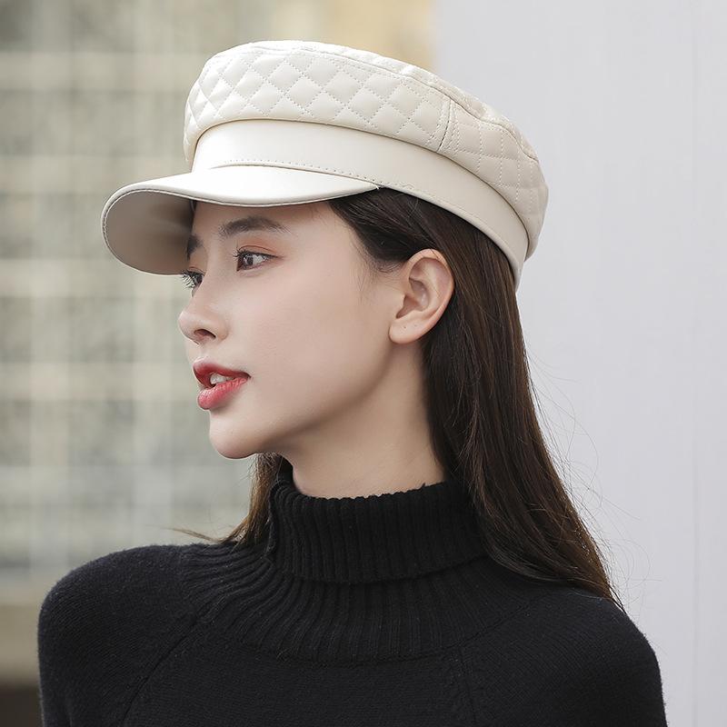 

Berets Net Red Ladies Octagonal Hat Pu Leather Autumn Winter Flat Navy Breathable Fashion Personality British Retro Beret WomenBerets, White