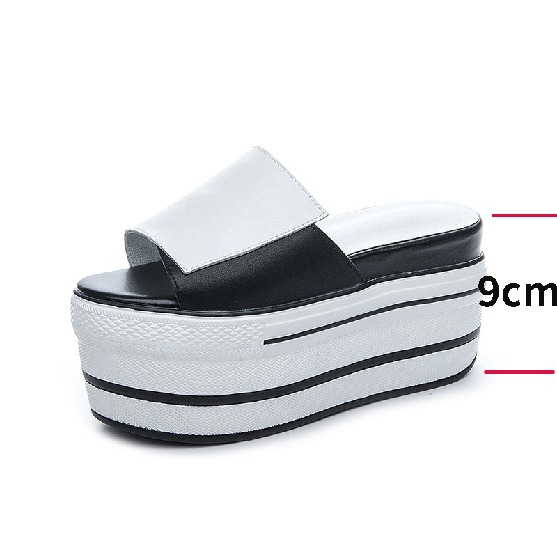 

2022 Women Slipper Shoes Genuine Leather 9cm Platform Flat Super High Heel Women Summer Shoes Sandals Beach Shoes, Black