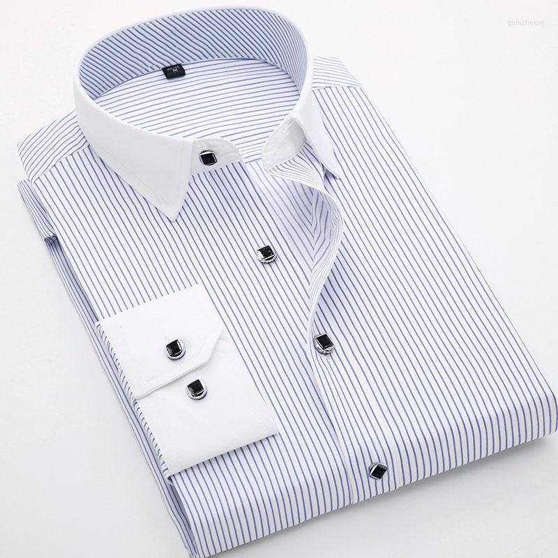 

Men's Dress Shirts High Quality Business Casual For Men Cotton Shirt Long Sleeve Tooling Slim Fit Camicia Striped Fashion Male Clothes Trend, Purple stripes