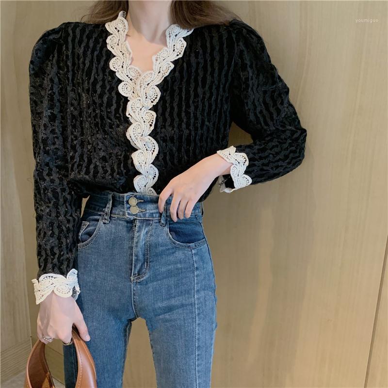 

Winter Vintage Velvet Stitching Lace V Neck Blouse Women Long Sleeve Korean Office Shirt Collection Women's Blouses & Shirts, Black