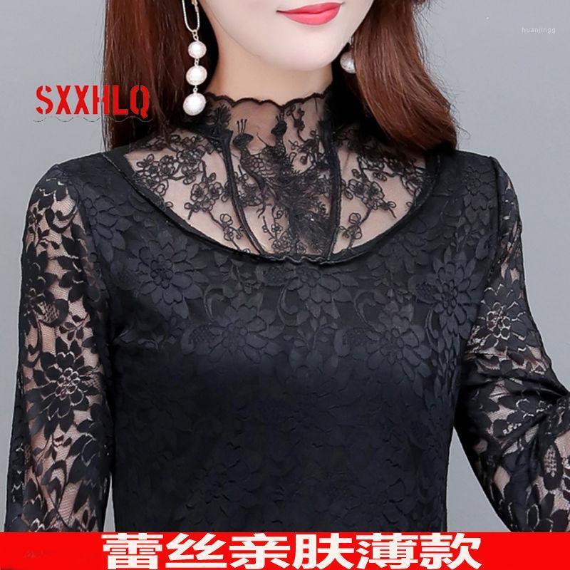 

Women's Blouses & Shirts Women Blouse Long Sleeve Lace Nylon Top Super Soft St Collar T-shirt Large Size Ropa De Mujer, Black-3