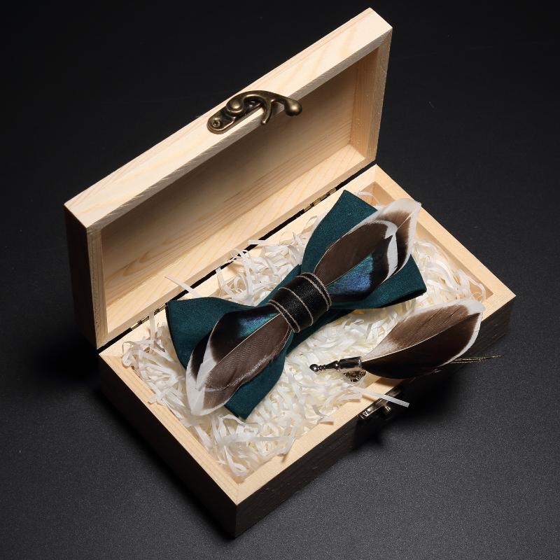 

Bow Ties Quality Handmade Feather Tie And Brooch Set For Men Accessories Men's Luxury Bowtie With Box Wedding GiftBow