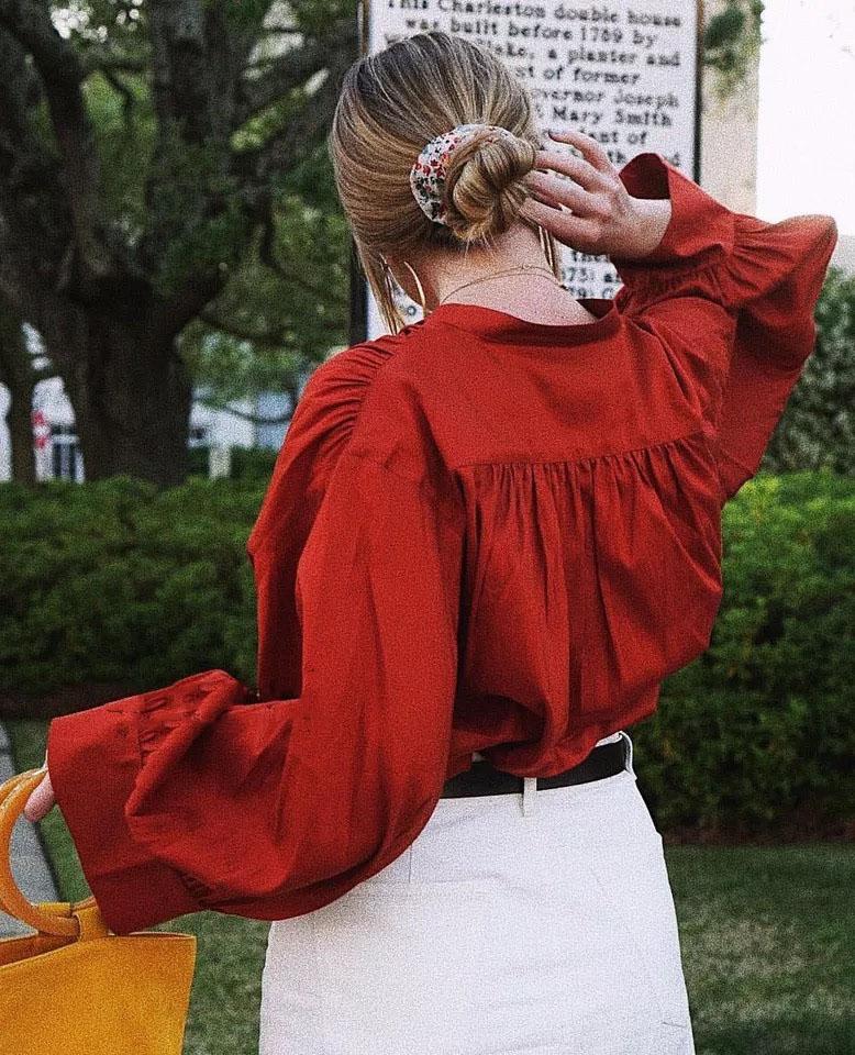 

Women's Blouses & Shirts [ElfStyle] - OVERSIZE Blouse TOPS Wide Sleeves Stand Collor BUTTON UP FRONT Woman Fashion LOOSE TOP 2022SS, Red