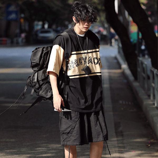 

Men's Tracksuits Two Piece Set / Japanese Round Neck T-shirt Men's And Women's Retro Couple Loose Versatile Casual Large Pocket Over, Black