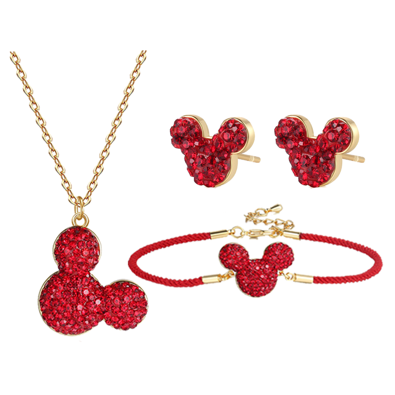 

Fashion Mickey Bracelets Jewelry Sets For Women With Earrings Luxury India Red Rhinestone Animal Gold Plated Pendant Necklace