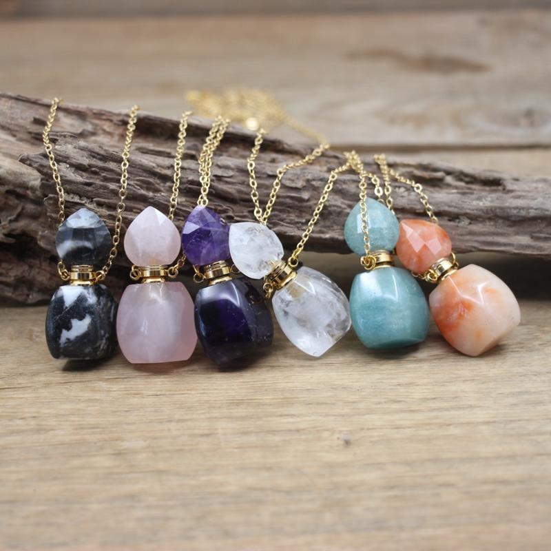 

Pendant Necklaces Natural Zebra Jaspers Essential Oil Vial Pendants Amethysts Rose Quartzs Crystal Blue Jades Perfume Bottle Charm Jewelry Q