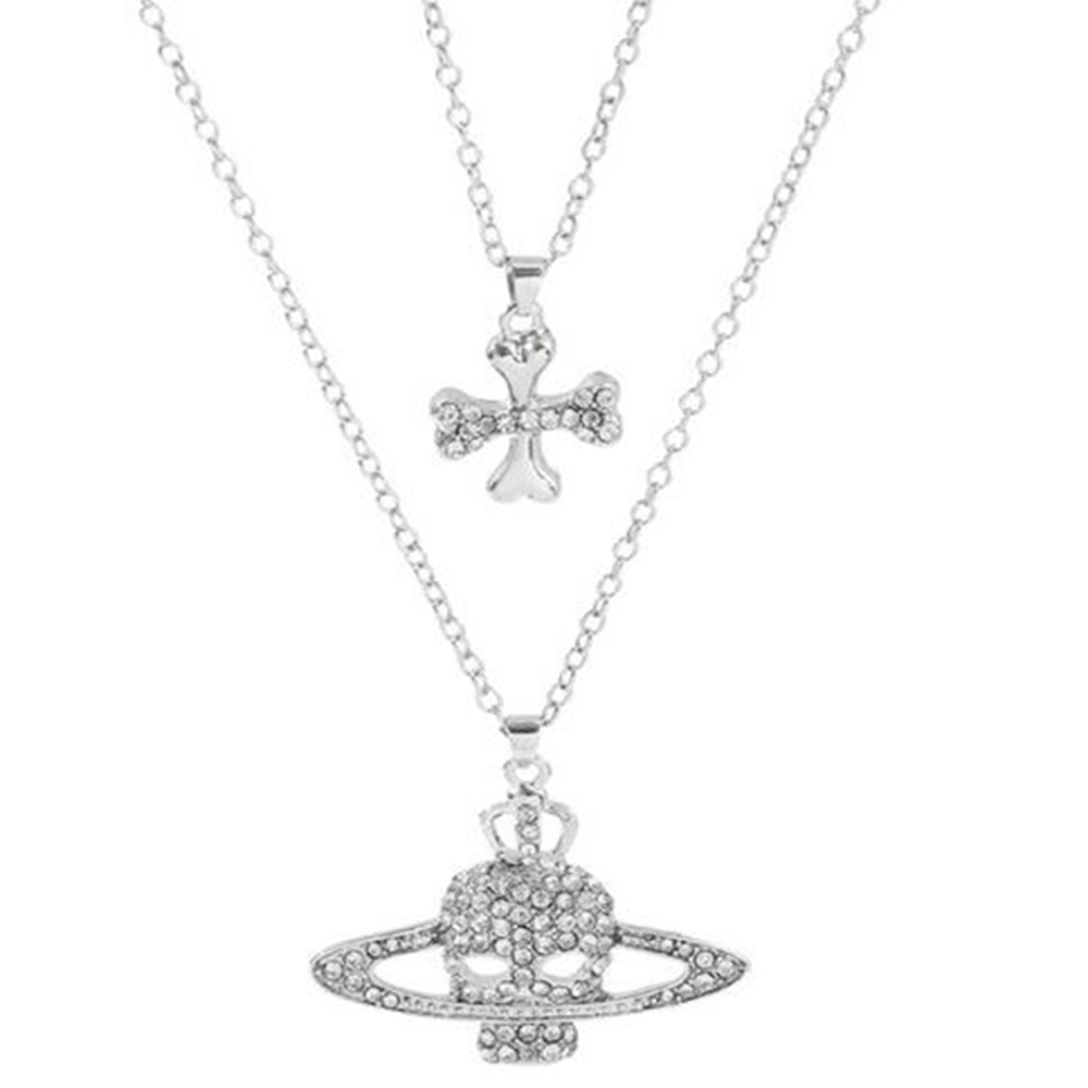 

Fashion Full Rhinestone Skull Cross Saturn Necklace Pendant Multilayer Chain Skeleton Punk Hip Hop Choker Women Men's Party Jewelry Accessories