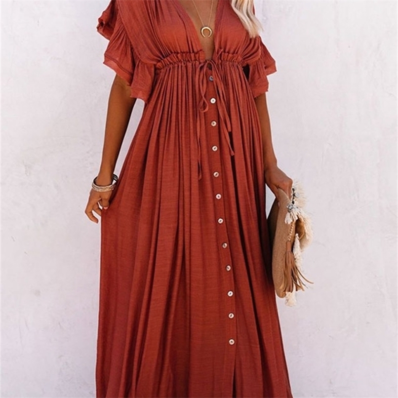 Summer Beach Maxi Dress Women Boho Long Bikini Cover Up Dresses High Waist Casual V Neck Sexy White Vestidos De Mujer 220521