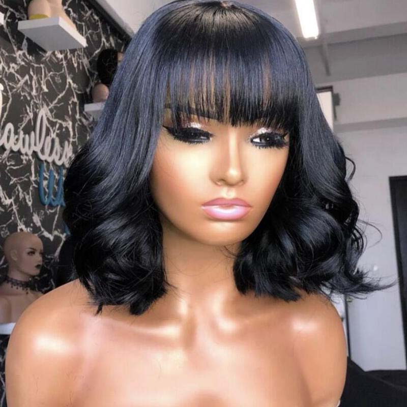 

Short Wavy Bobo Synthetic Wig with Bangs black color Wigs heat resistant hair for black women